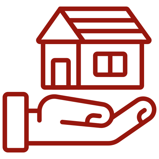 Rotes Icon mit einem Haus und einer Hand darunter