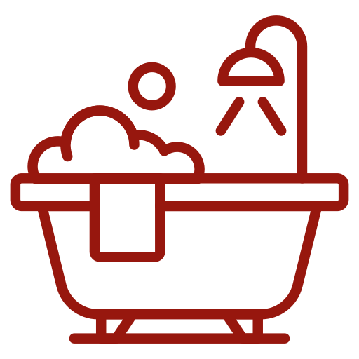Rotes Icon mit einer Badewanne und einem Duschkopf