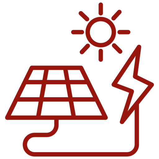 Rotes Icon mit einer Sonne und einer PV Anlage