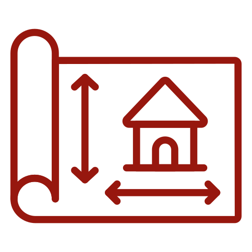 Rotes Icon mit einer Karte und einem Haus darauf