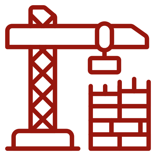 Rotes Icon mit einem Kran und einem Baublock