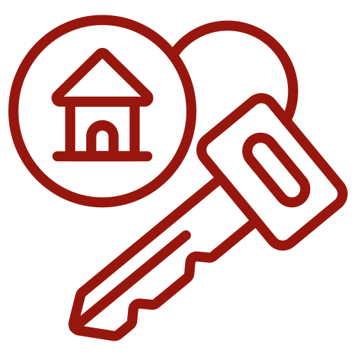 Rotes Icon mit einem Haus und einem Schlüssel
