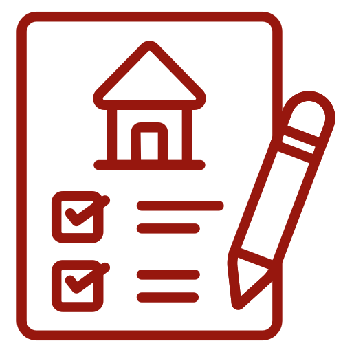 Rotes Icon mit einem Haus auf einem Dokument mit einem Stift daneben